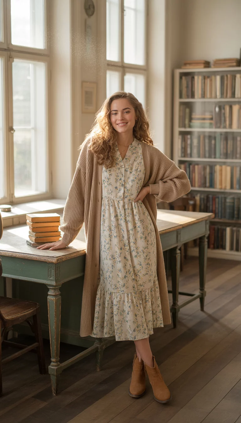 The Chic Educator A beautiful 18-year-old woman in a floral midi dress, tan long cardigan, and brown ankle boots, she poses in a bright classroom setting.