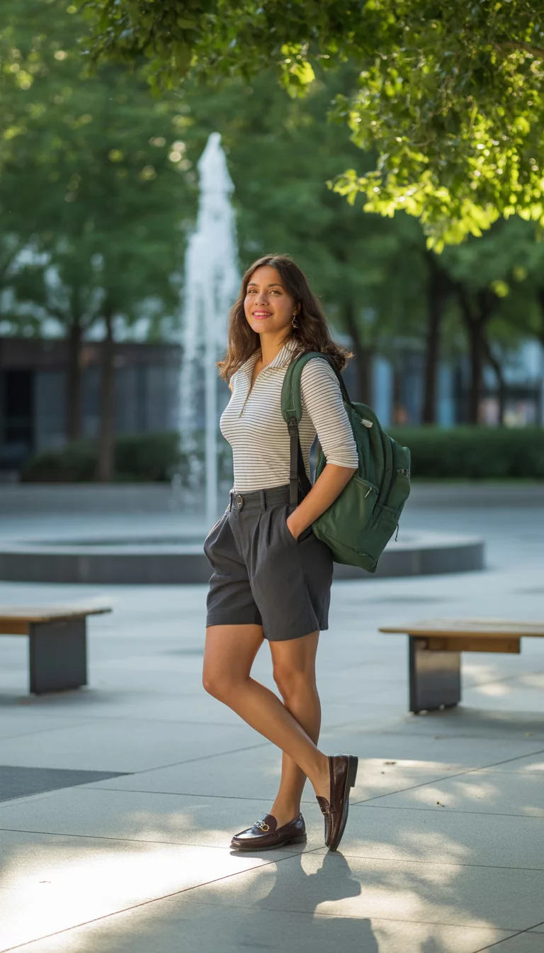 Modern Schoolboy Charm A beautiful 17-year-old woman in a striped quarter-zip shirt, grey shorts, brown loafers, and a green backpack, she stands in a modern outdoor plaza.