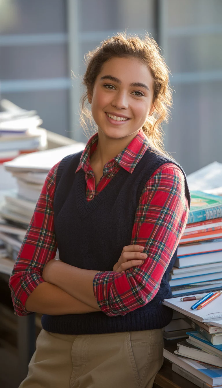 Back To School Style Variety A beautiful 16-year-old woman in a red plaid shirt, a navy vest, khaki pants, and brown boots, she poses against a backdrop of school supplies.