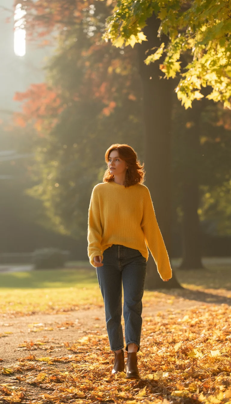 Autumn Harvest Hues A beautiful 18-year-old woman in a yellow knit sweater, dark wash jeans, and brown ankle boots, she walks through a park covered in fallen autumn leaves.