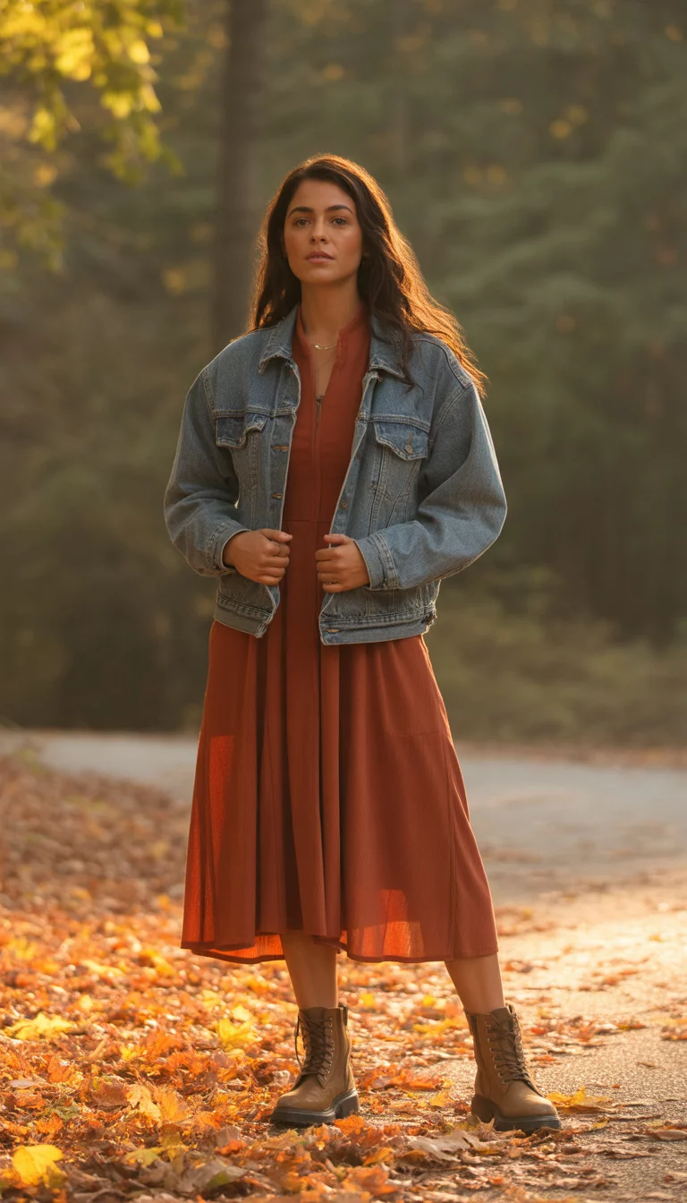 Rugged Dress Style A beautiful 17-year-old woman in a rust-colored dress, denim jacket, and brown combat boots, she stands on a path covered in fallen leaves.