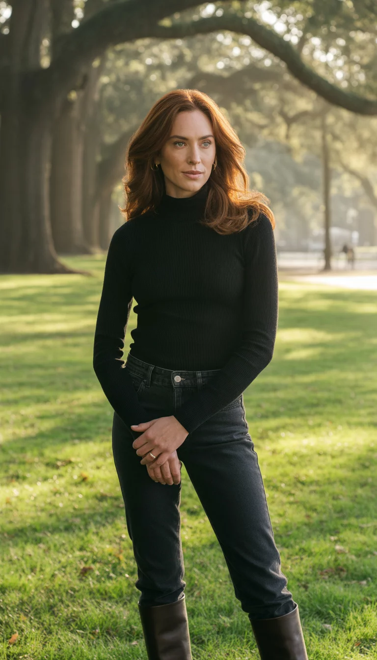 A beautiful 31-year-old woman in a black turtleneck, dark jeans, and tall brown leather boots, she stands in a park setting with green grass and trees.