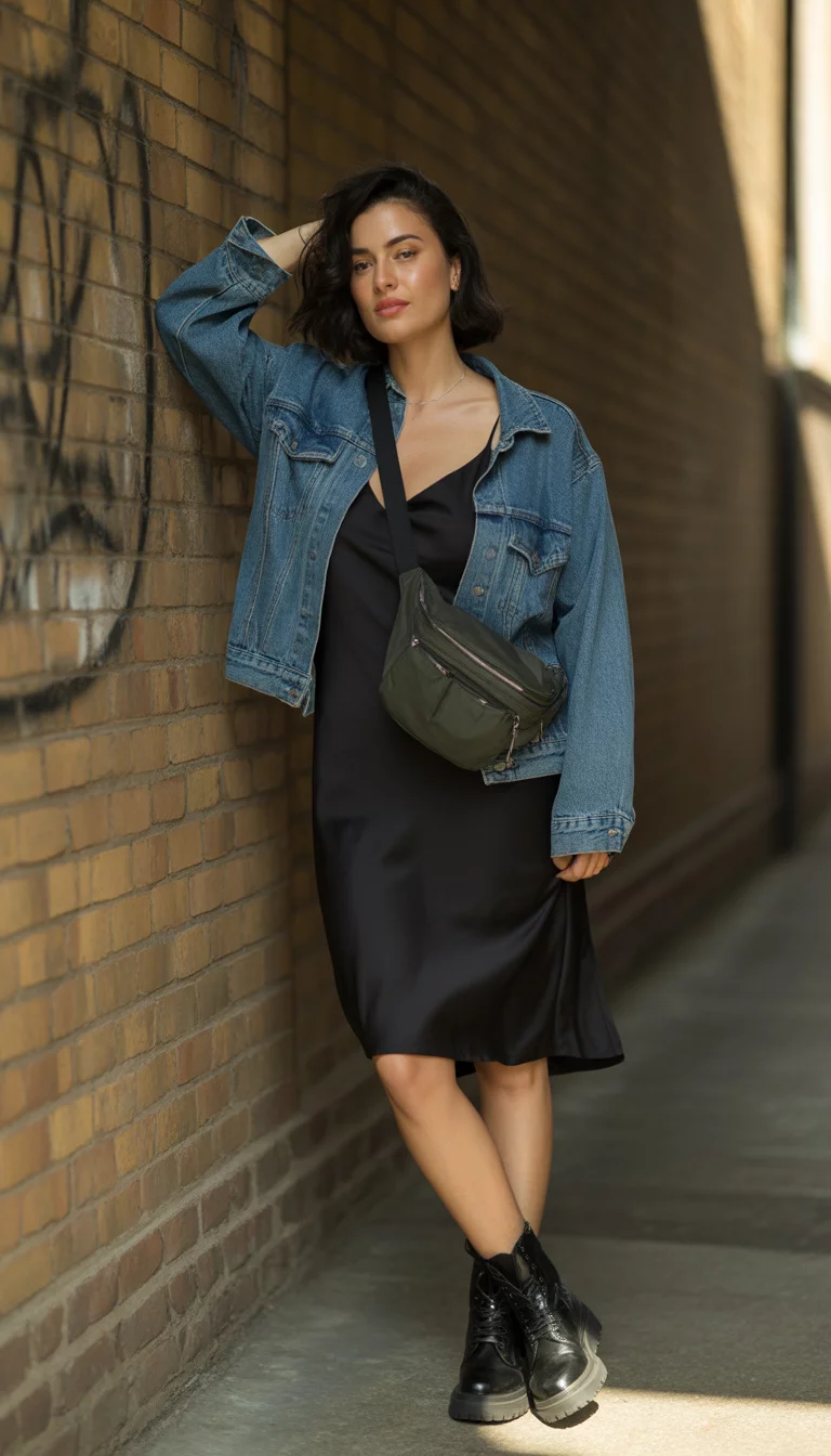A beautiful 25-year-old woman in a denim jacket, black slip dress, and black combat boots with a dark green crossbody bag, she poses against a textured wall.