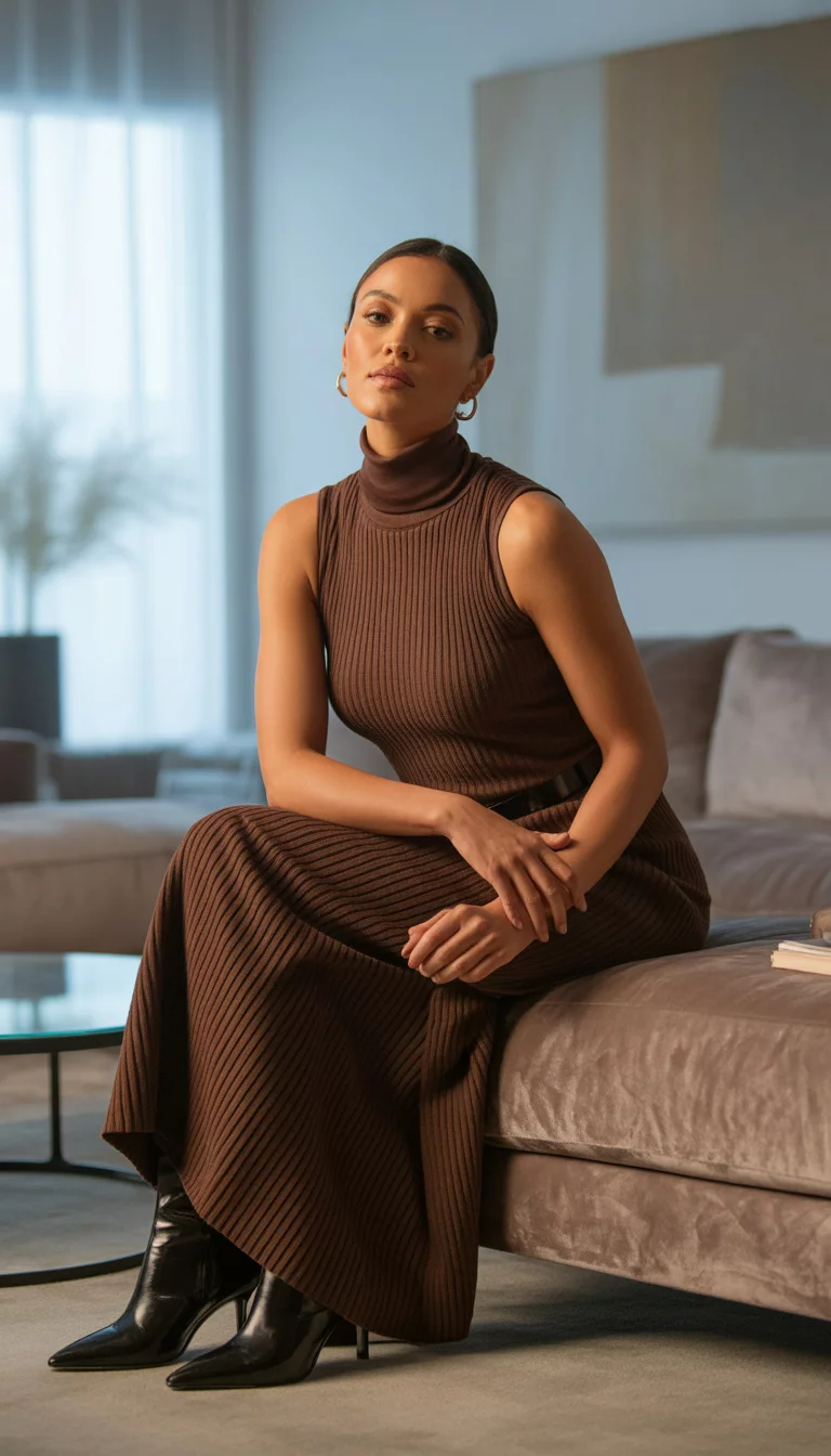 A beautiful 32-year-old woman in a brown ribbed sleeveless turtleneck dress and black heeled boots, she sits on a couch in a modern living room.