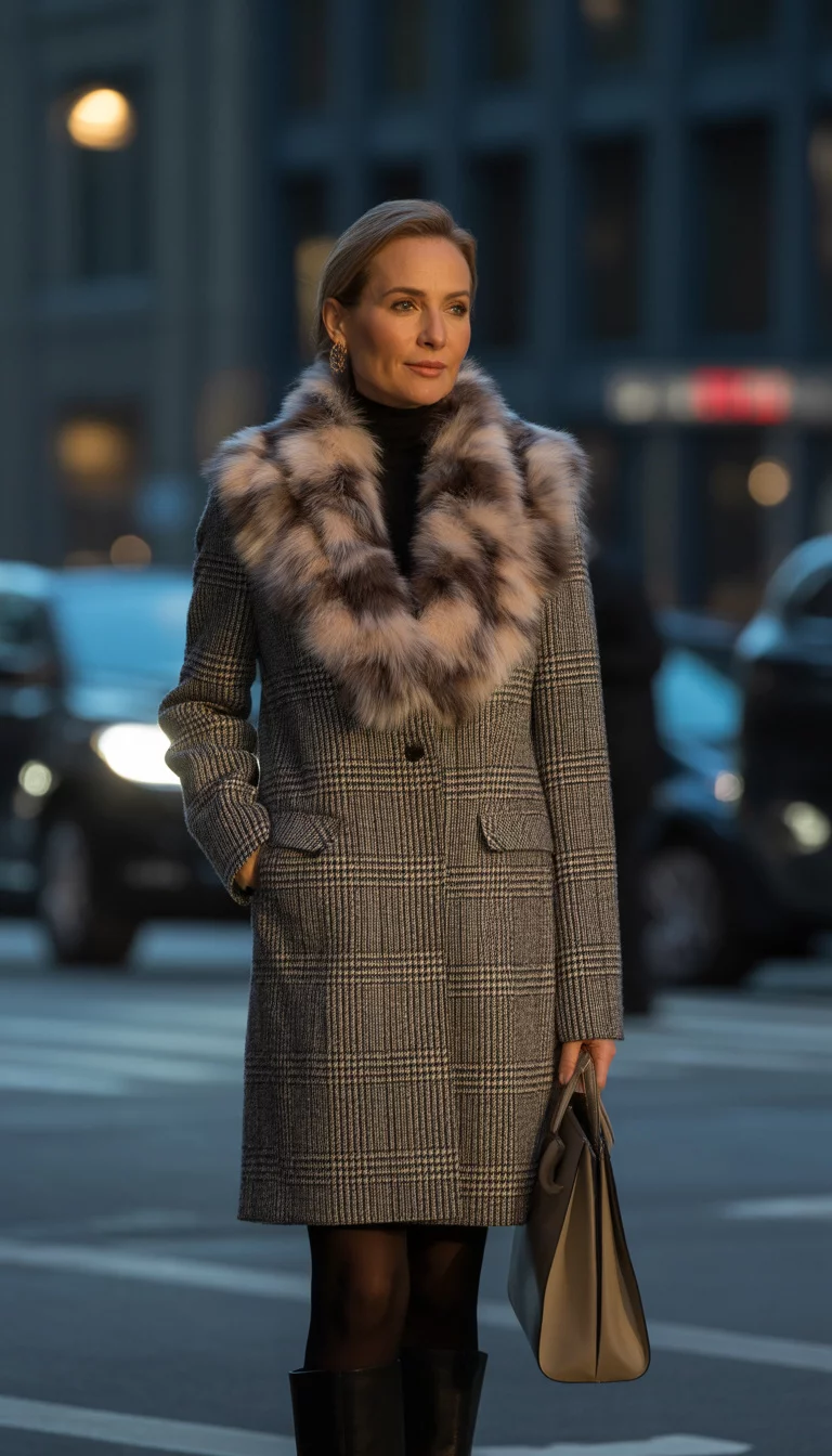 A beautiful 40-year-old woman in a plaid jacket with a faux fur collar, black turtleneck, black tights, and black boots, she holds a beige bag.