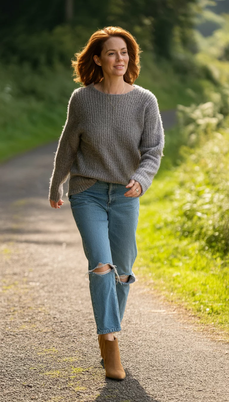 A beautiful 45-year-old woman in a grey textured sweater, ripped blue jeans, and tan suede ankle boots, she walks on a path with blurred greenery in the background.