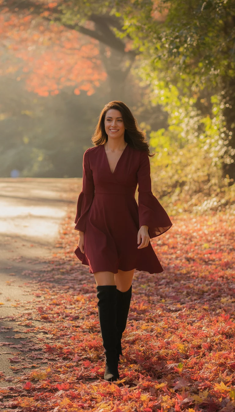 A beautiful 22-year-old woman in a maroon patterned dress with bell sleeves and black over-the-knee boots, she smiles while walking on a path covered in fallen autumn leaves.