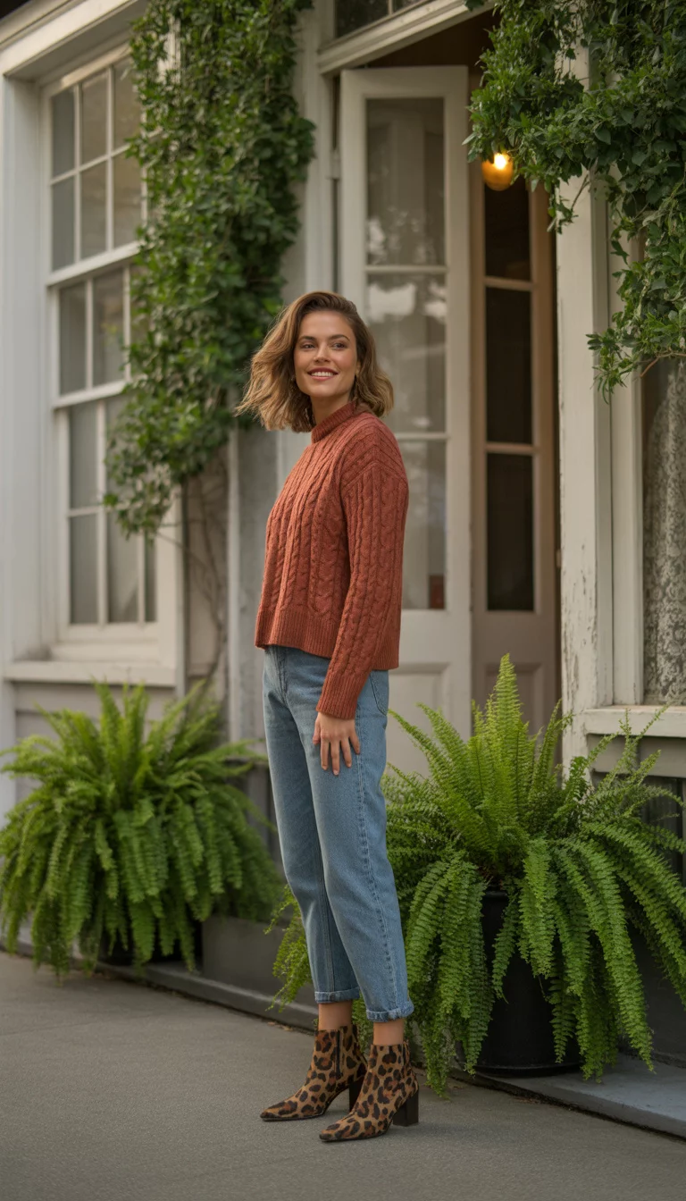 A beautiful 25-year-old woman in a rust-colored cable-knit sweater, ripped blue jeans, and leopard print ankle boots, she stands outside a white building with greenery.