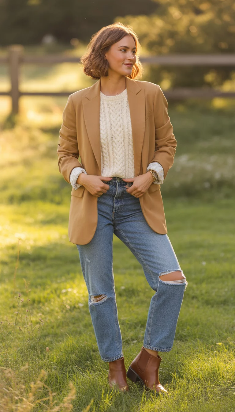 A beautiful 27-year-old woman in a tan blazer, cream cable-knit sweater, distressed blue jeans, and brown ankle boots, she poses in a grassy outdoor setting.
