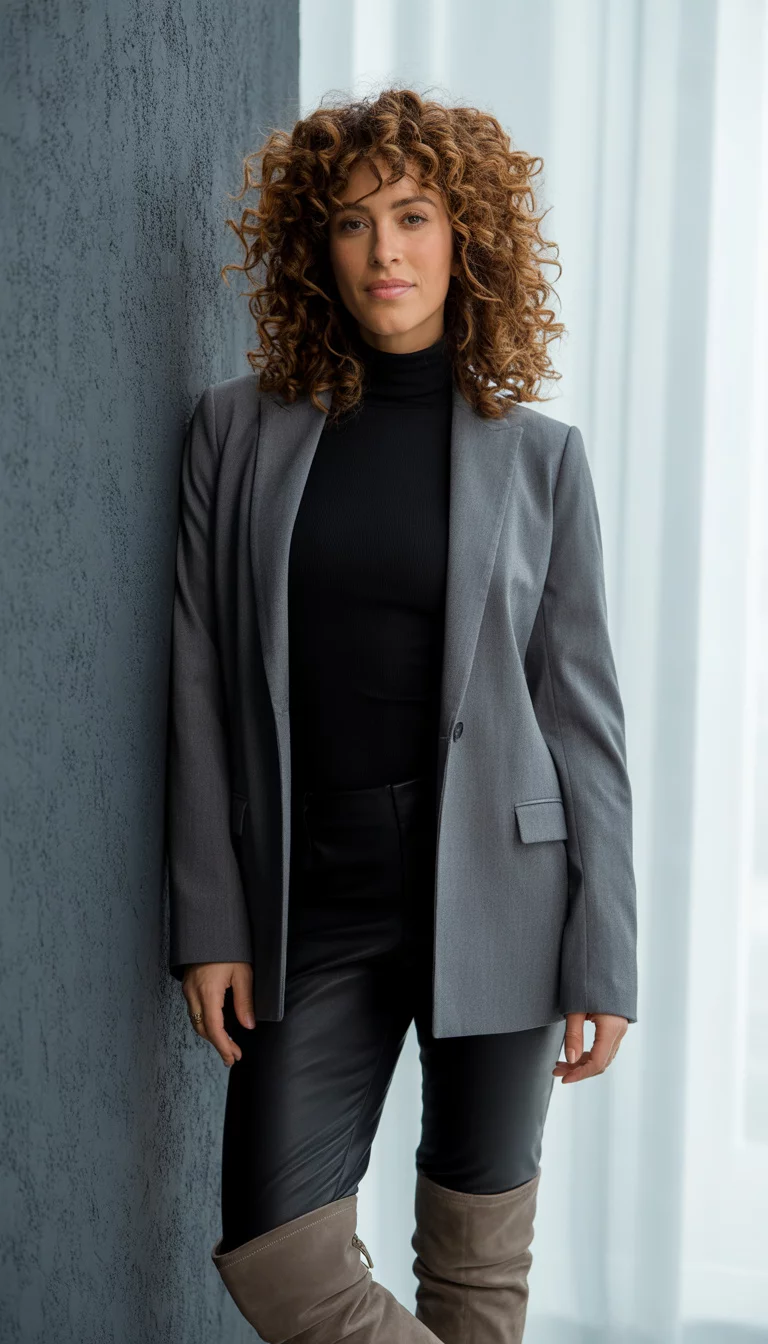 A beautiful 33-year-old woman with curly hair in a grey blazer, black top, leather leggings, and brown over-the-knee boots, she stands against a textured wall.