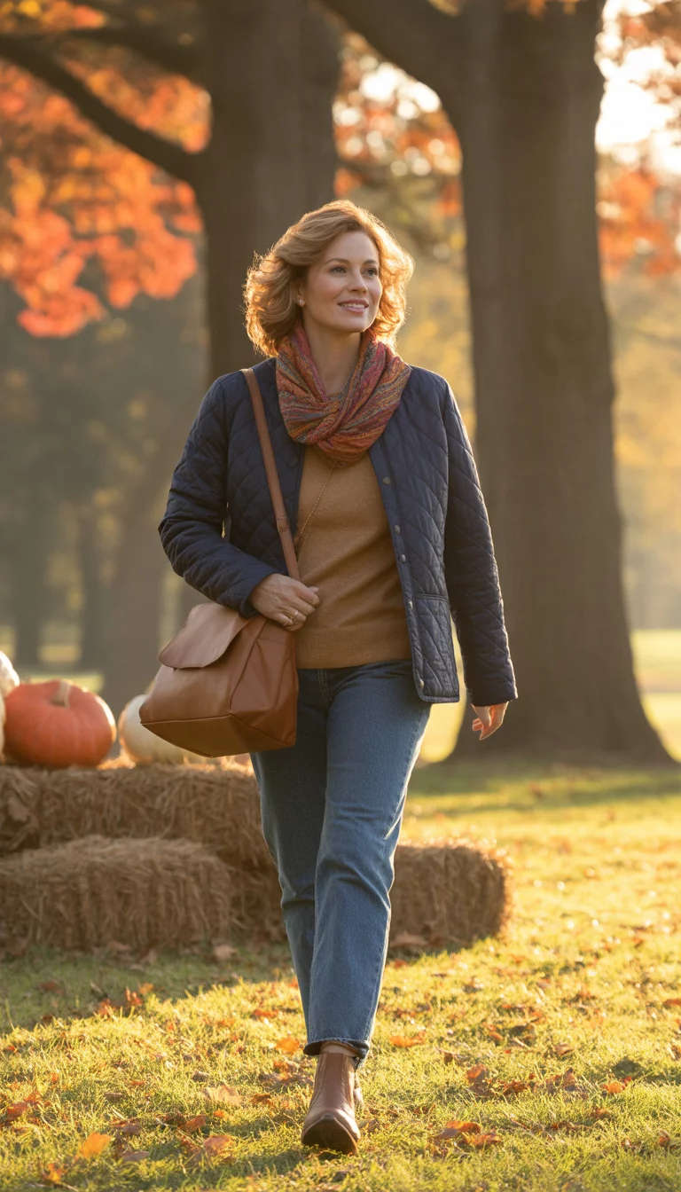 A beautiful 42-year-old woman in a navy quilted jacket, tan sweater, jeans, and brown ankle boots, she carries a colorful scarf and a satchel while walking outdoors.