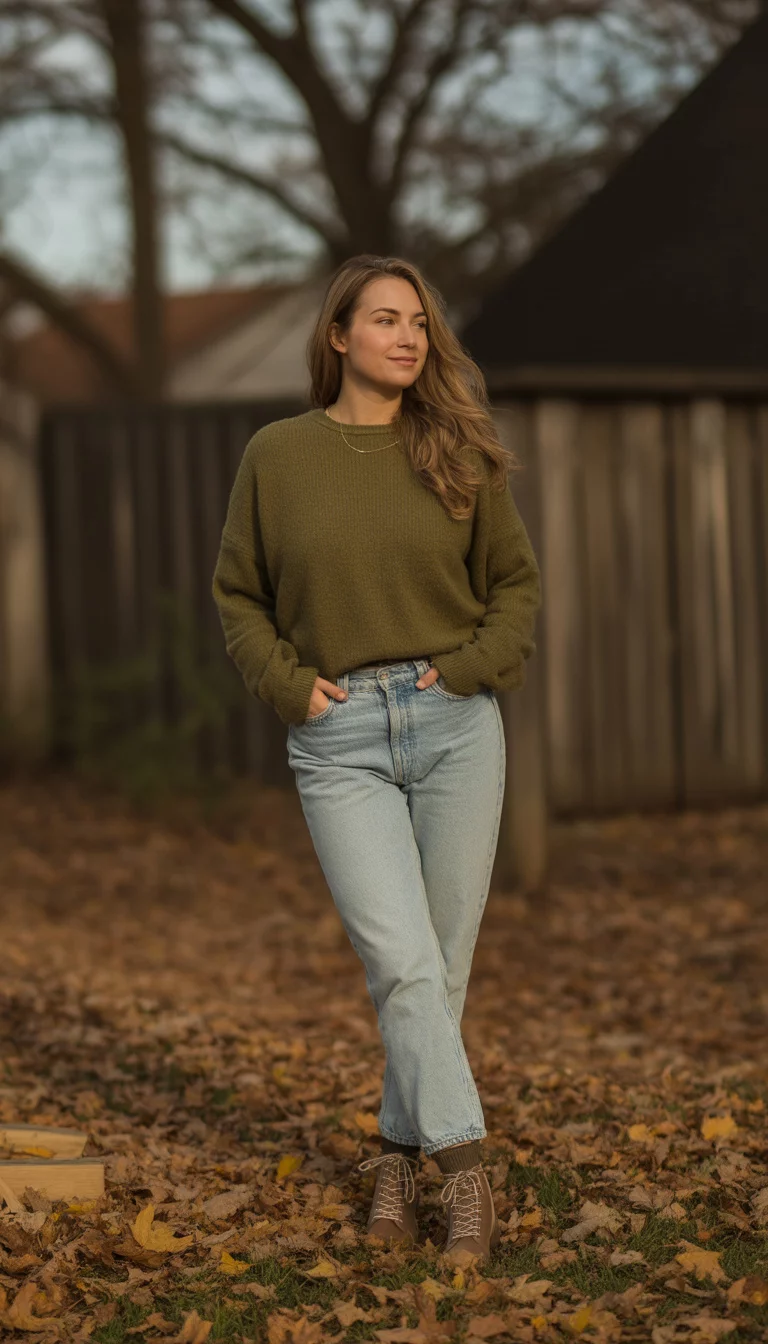 A beautiful 26-year-old woman in an olive green sweater, light wash jeans, and brown lace-up ankle boots, she stands in a backyard with fallen leaves.