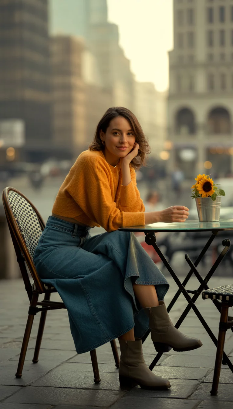 A beautiful 30-year-old woman in a marigold sweater, denim skirt, and gray suede boots, she sits at an outdoor cafe table with a cityscape in the background.