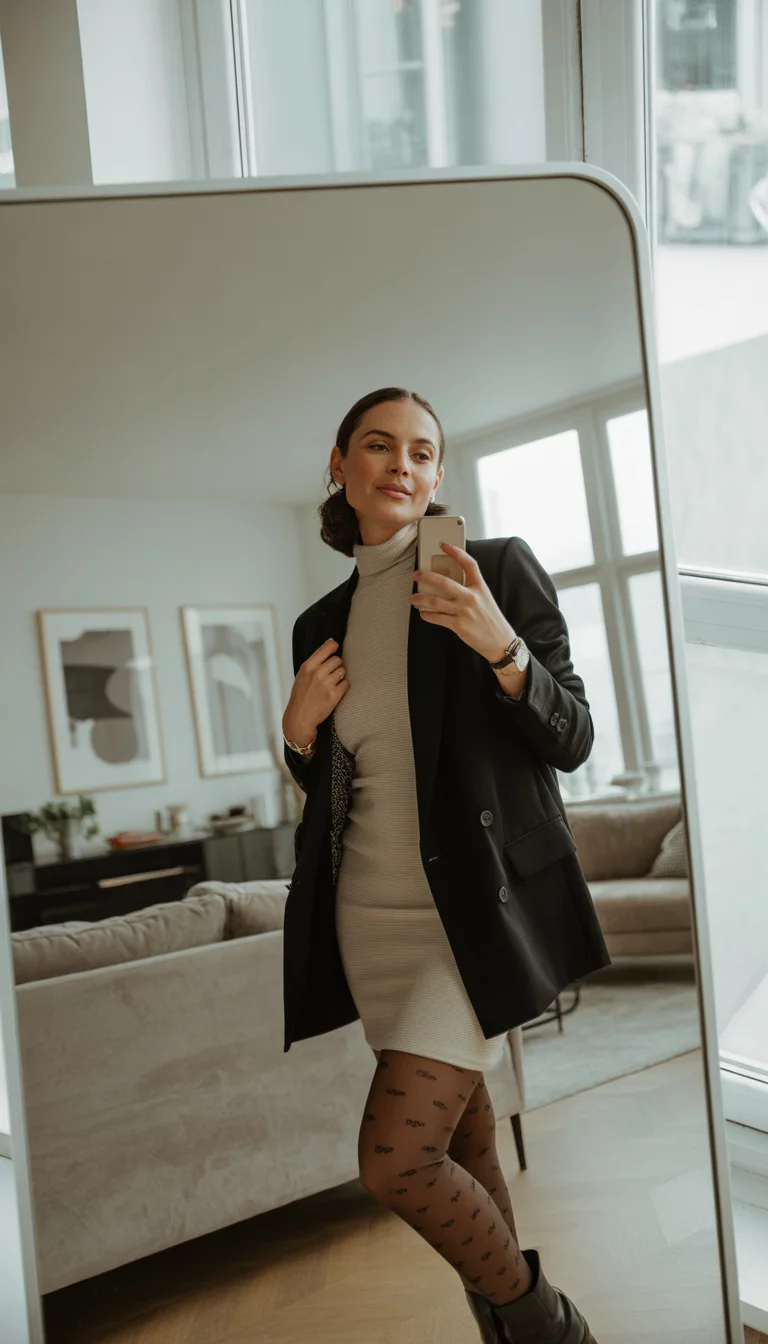 A beautiful 38-year-old woman in a beige turtleneck dress, black blazer, patterned tights, and black boots, she takes a mirror selfie in a stylishly decorated room.