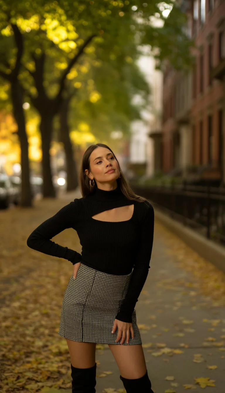 A beautiful 21-year-old woman in a black cutout sweater, houndstooth mini skirt, and black thigh-high boots, she stands on a leaf-covered sidewalk in autumn.