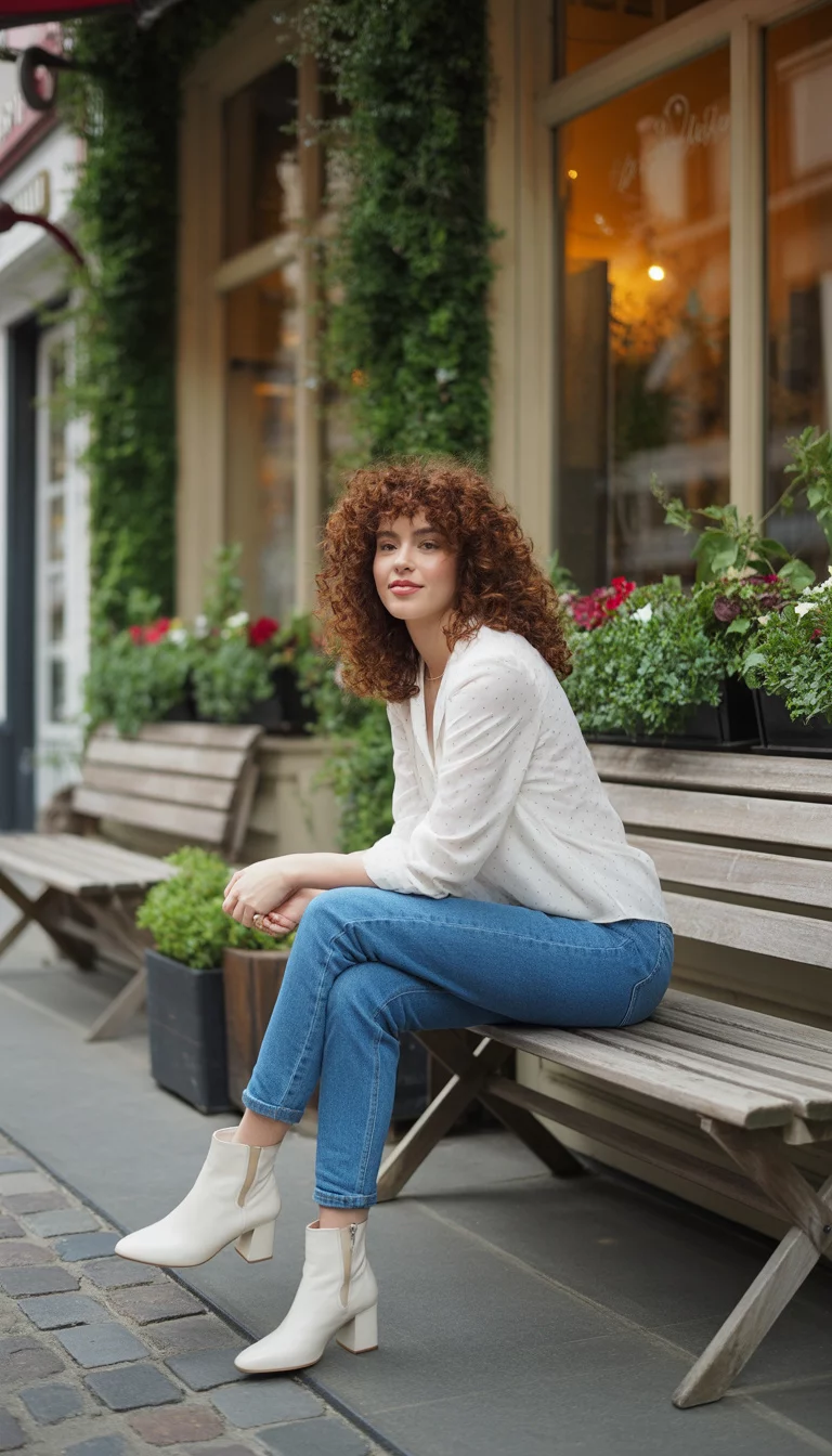 A beautiful 23-year-old woman with curly hair in a white polka-dot blouse, blue jeans, and white ankle boots, she sits on a bench outside a coffee shop.