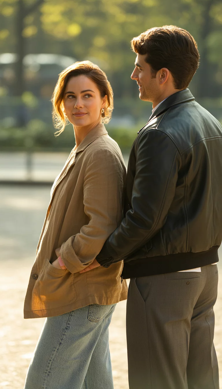 A beautiful 35-year-old woman in a tan jacket and blue jeans standing next to a friend in a black leather jacket and grey pants.