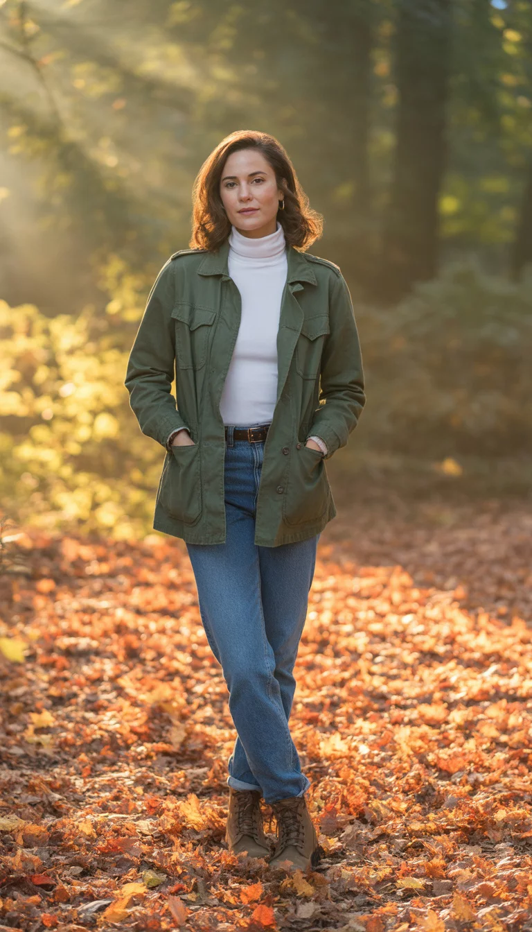 A beautiful 29-year-old woman in a military green jacket, white turtleneck, blue jeans, and brown boots, standing amidst fallen autumn leaves.