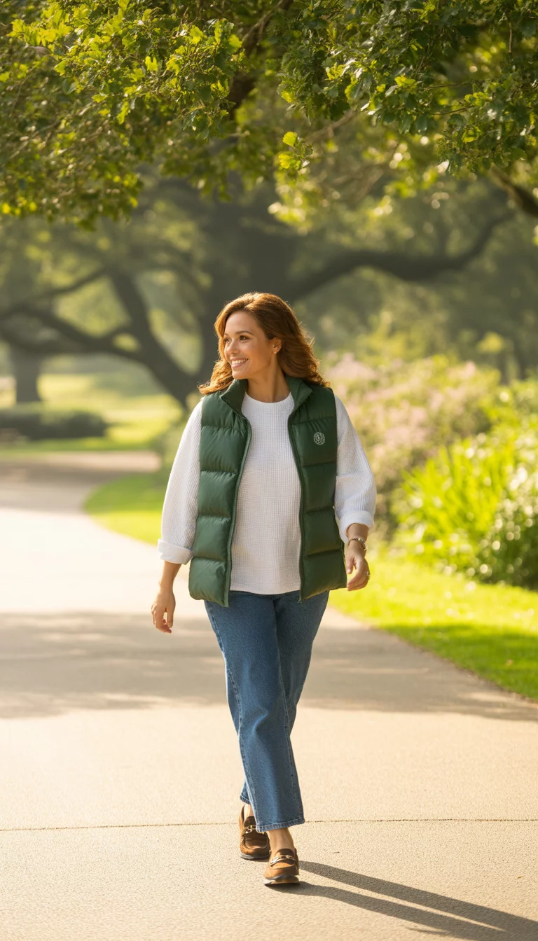 A beautiful 30-year-old woman in a green puffer vest, a white waffle knit top, blue jeans, and brown loafers, walking on a paved park path.