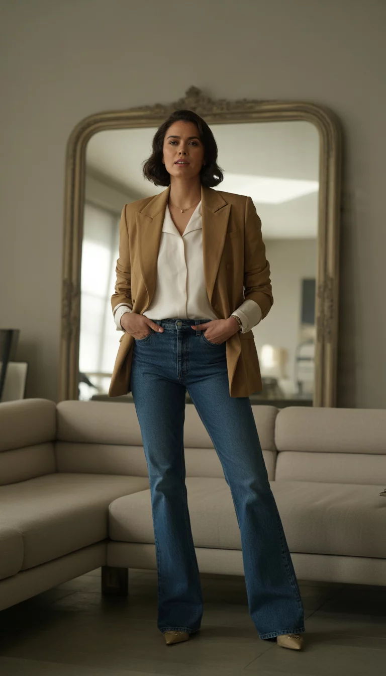 A beautiful 35-year-old woman in a tan blazer over a white shirt and dark blue flare jeans, standing in a room with a large mirror.
