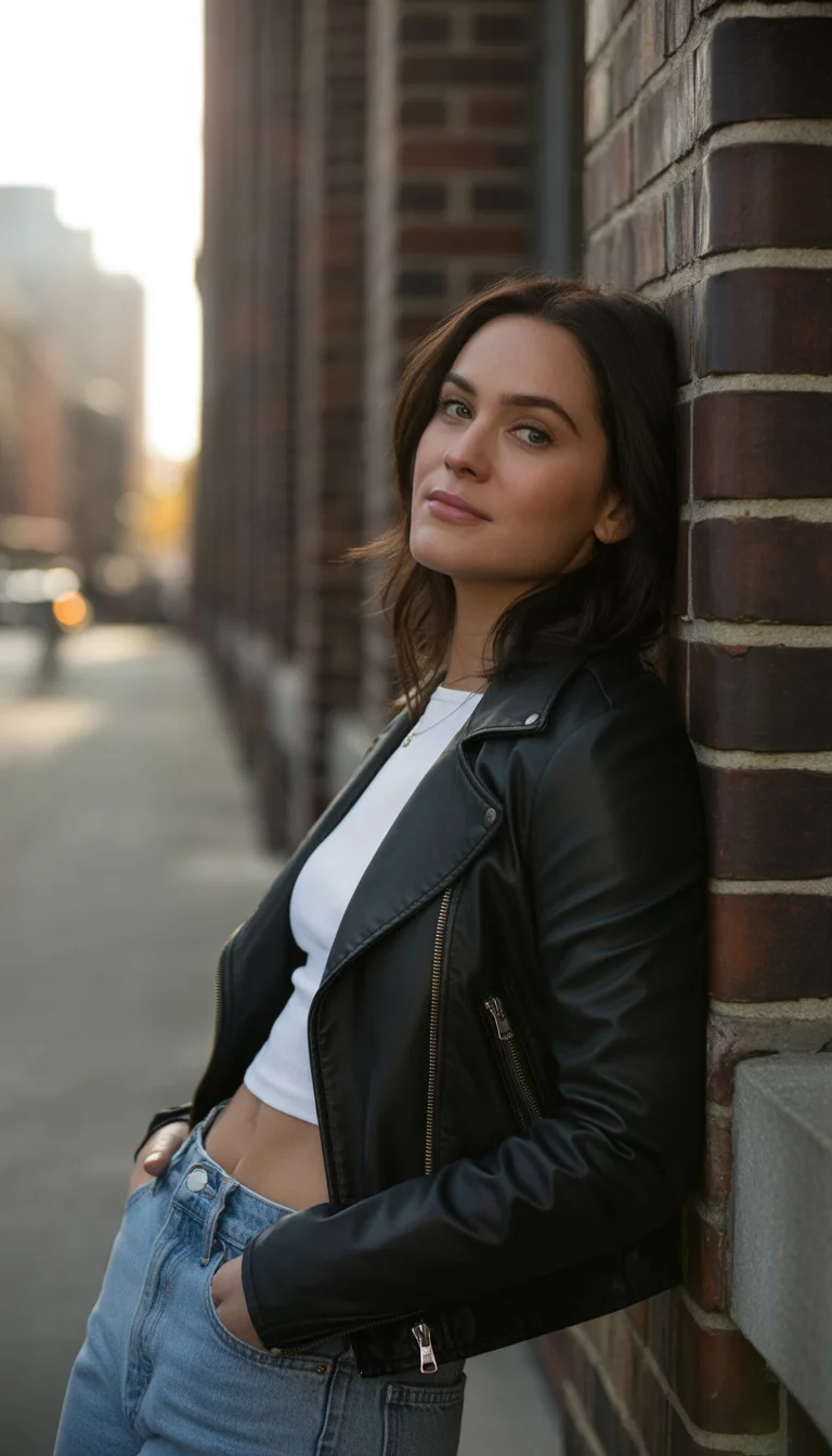 A beautiful 26-year-old woman in a black jacket, a white crop top, and light blue jeans, leaning against a city wall.