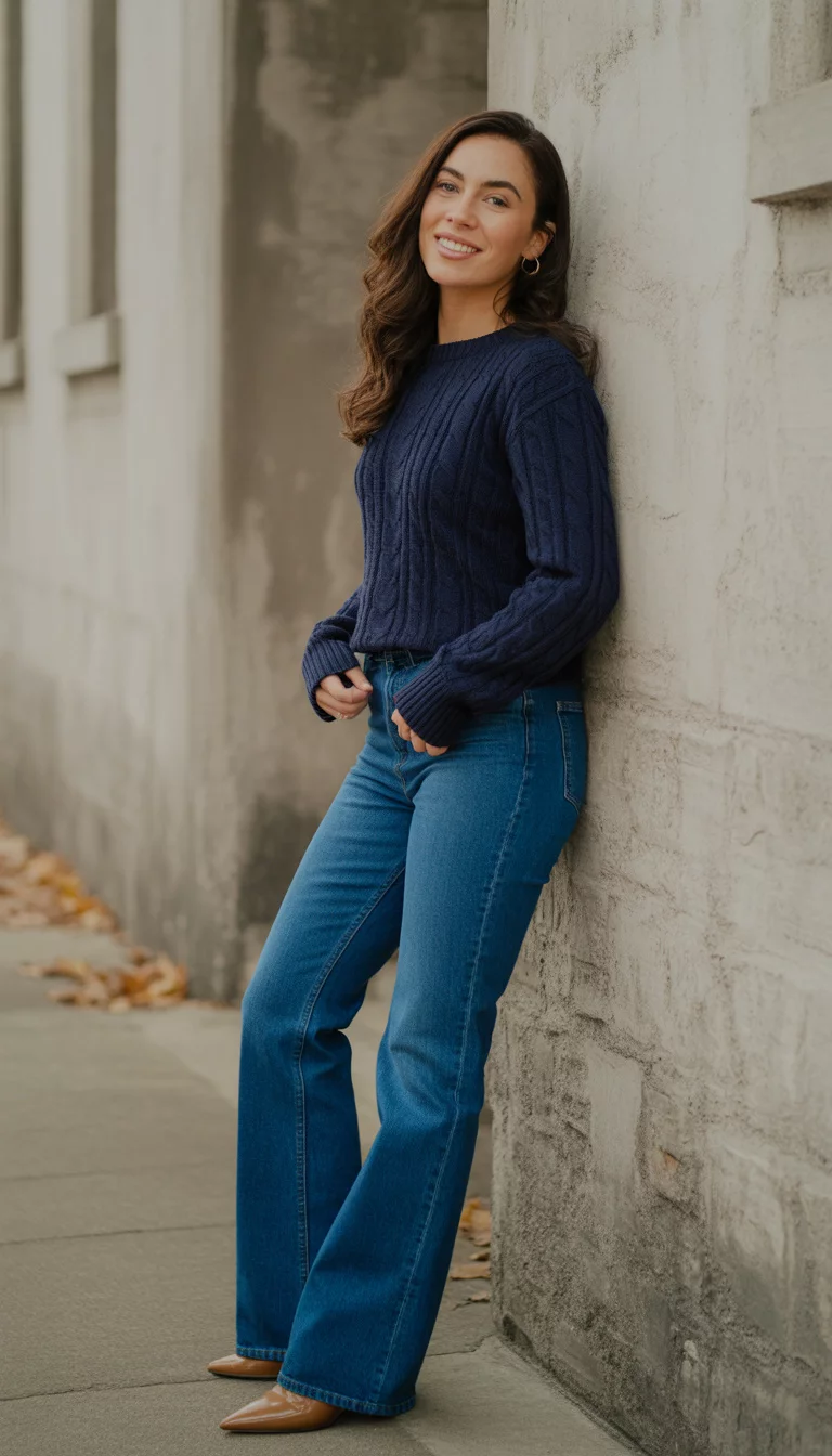 A beautiful 28-year-old woman in a navy cable-knit sweater, blue flare jeans, and brown heels, standing against a rustic stone wall.