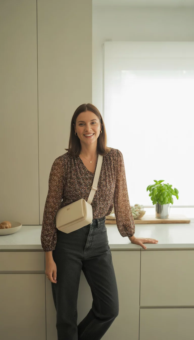 A beautiful 33-year-old woman in a brown floral print blouse, dark wash jeans, and a cream crossbody purse, smiling in a modern white kitchen.