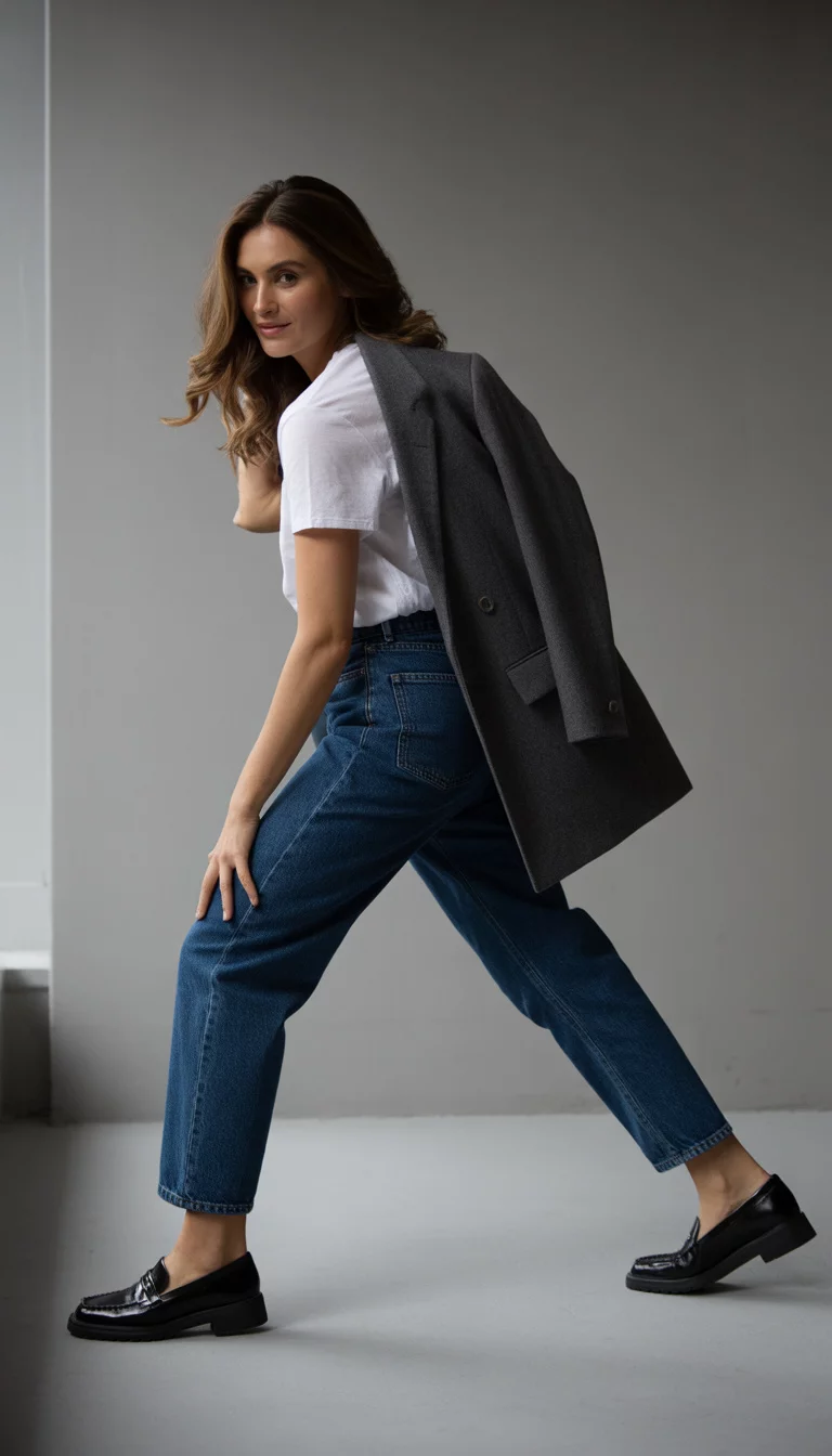 A beautiful 34-year-old woman demonstrating a before and after style transition wearing a casual basic tee and blue jeans then switching to an elevated fall style with a structured blazer and loafers.