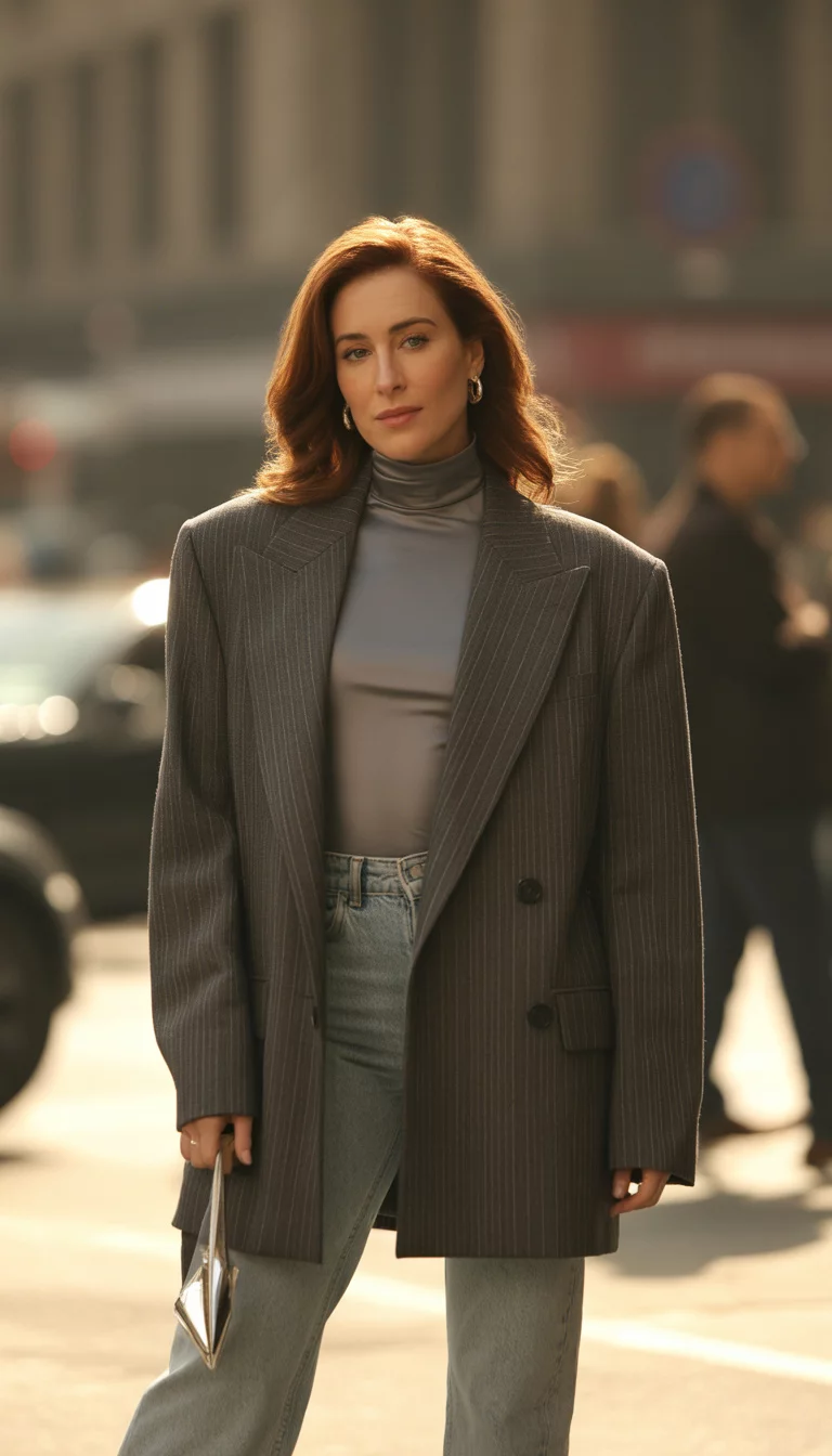 A beautiful 30-year-old woman in an oversized pinstripe blazer, grey turtleneck, light wash jeans, and silver pointed heels, posing in an urban setting.