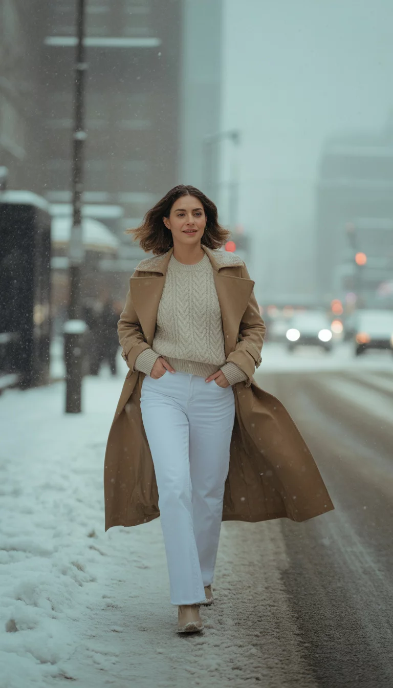 A beautiful 37-year-old woman in white jeans, a cream cable-knit sweater, and a tan trench coat, walking on a city street in light snow.