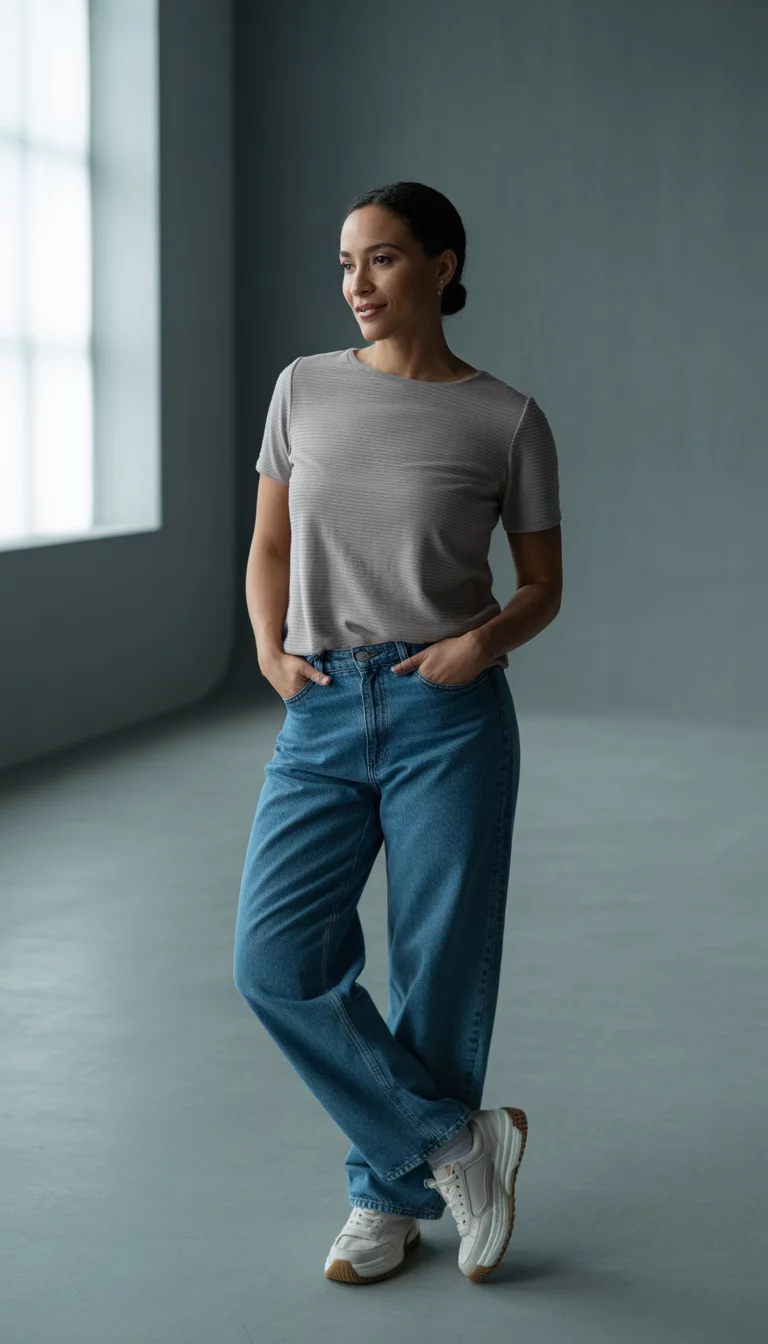A beautiful 40-year-old woman wearing a semi-fitted grey tee, baggy blue jeans, and clunky white sneakers, standing in a minimalist studio.