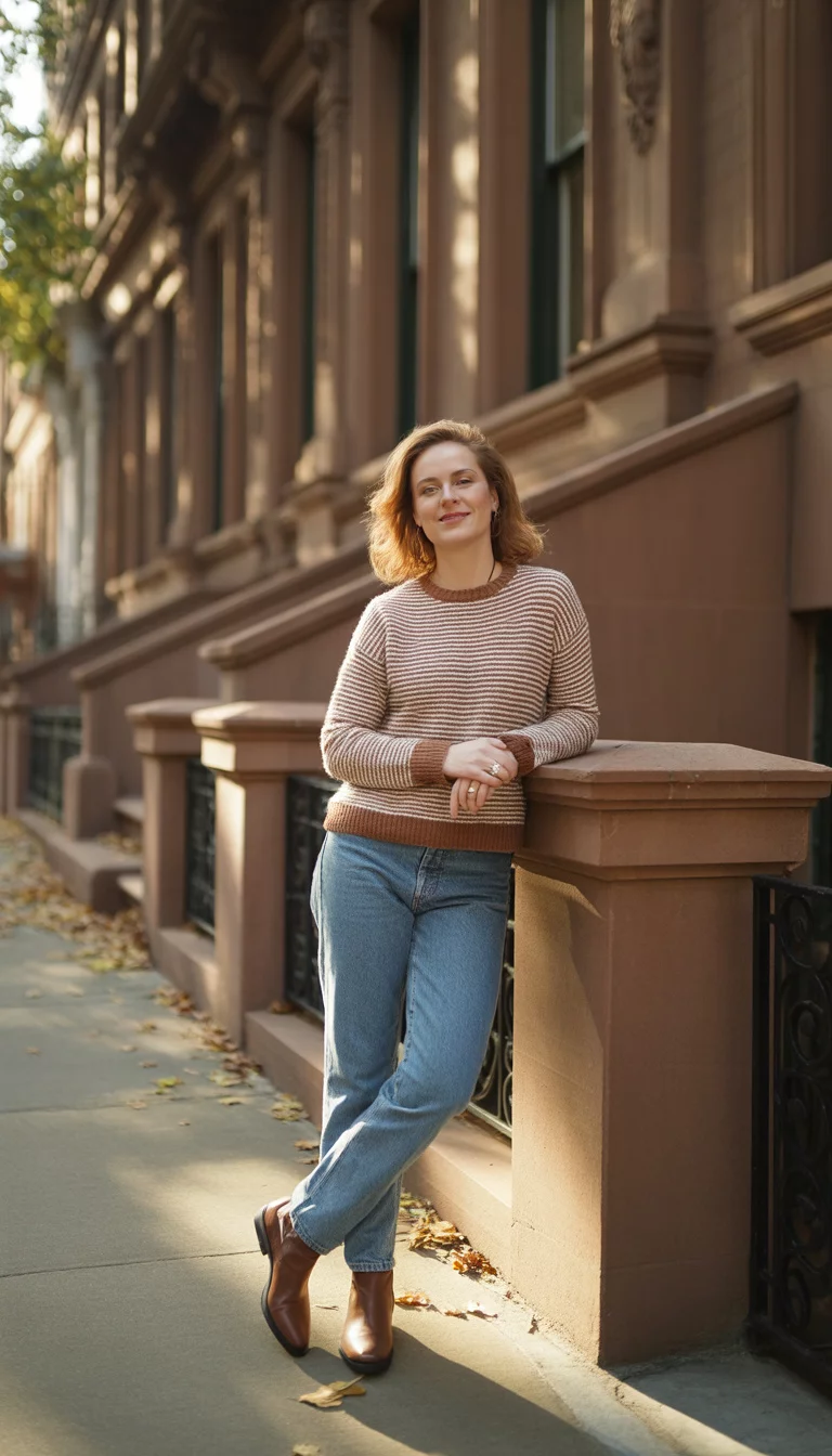 A beautiful 32-year-old woman in a brown and white striped sweater, medium wash jeans, and brown ankle boots, standing by a historic brownstone building.