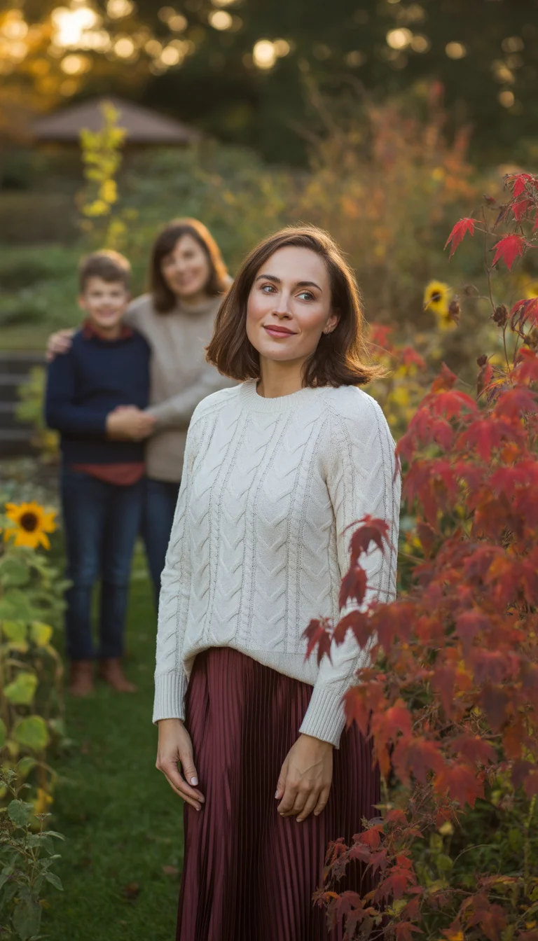 Cream Sweater And Maroon Midi Skirt A beautiful 34-year-old woman in a cream cable knit sweater and a maroon pleated midi skirt, she stands with her family in a garden featuring late-season blooms and autumn transitions.