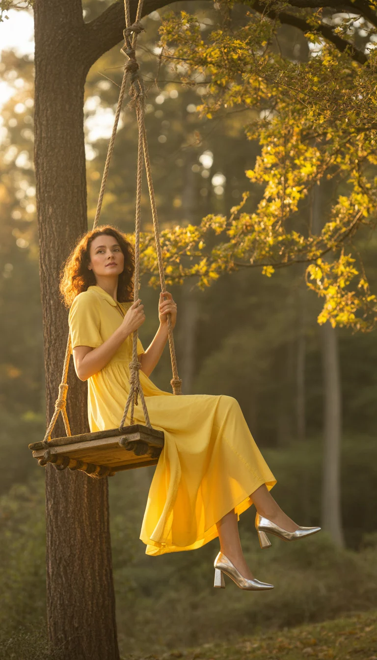 Flowing Yellow Dress And Metallic Heels A beautiful 31-year-old woman in a flowing yellow maxi dress and silver metallic heels, she sits elegantly on a wooden swing suspended from a tree in a deep forest with falling autumn leaves.
