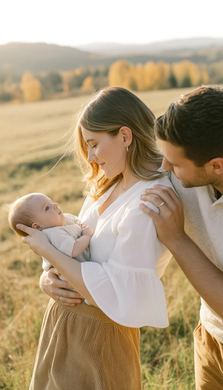 White Bell Sleeved Top And Tan Skirt A beautiful 31-year-old woman in a white bell-sleeved top and a tan corduroy skirt, she holds a baby in a field of tall autumn grasses with her partner by her side.