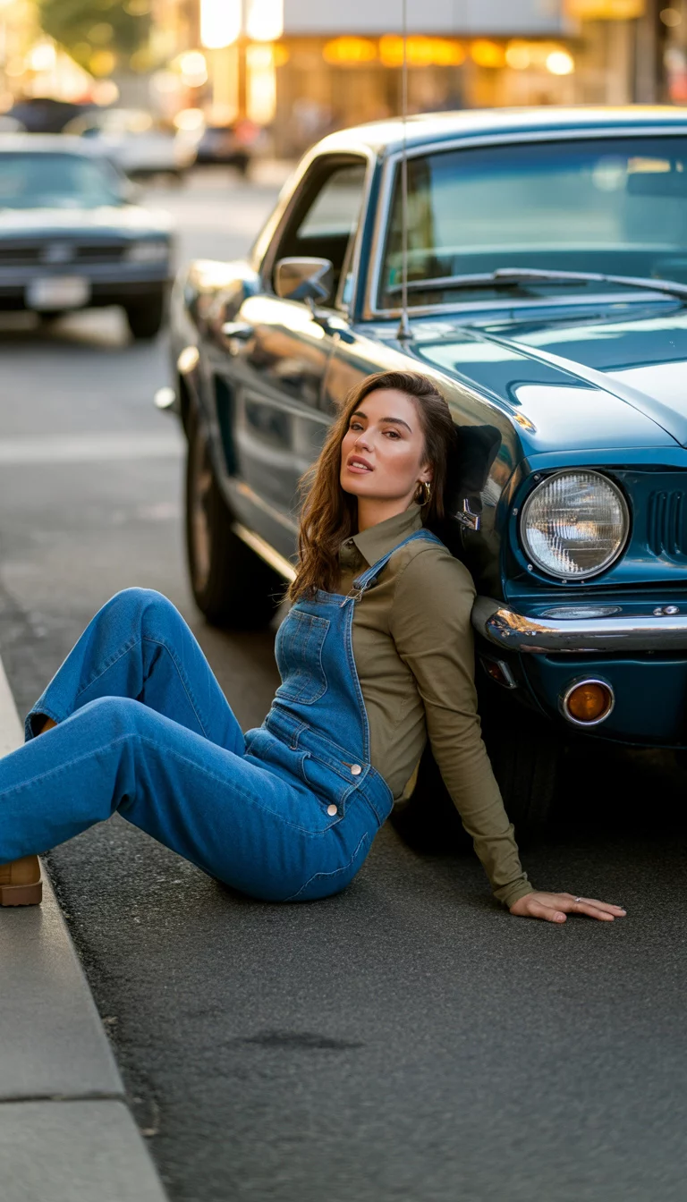 Denim Overalls And Khaki Long Sleeve Shirt A beautiful 22-year-old woman in blue denim overalls and a khaki long-sleeved shirt, she sits casually on a paved road between parked cars for a trendy urban autumn shoot.