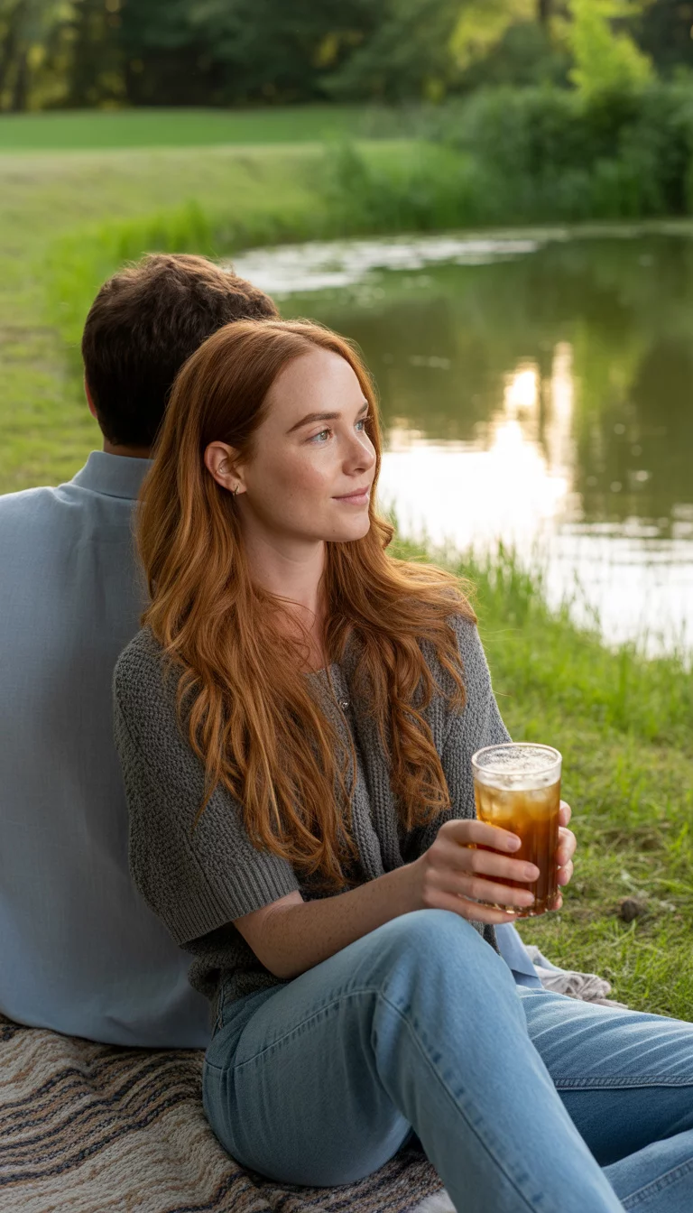 Casual Denim And Simple Knit Tops A beautiful 26-year-old woman in a casual grey knit top and distressed blue jeans, she sits back-to-back with a partner on a blanket by a quiet pond holding a beverage.