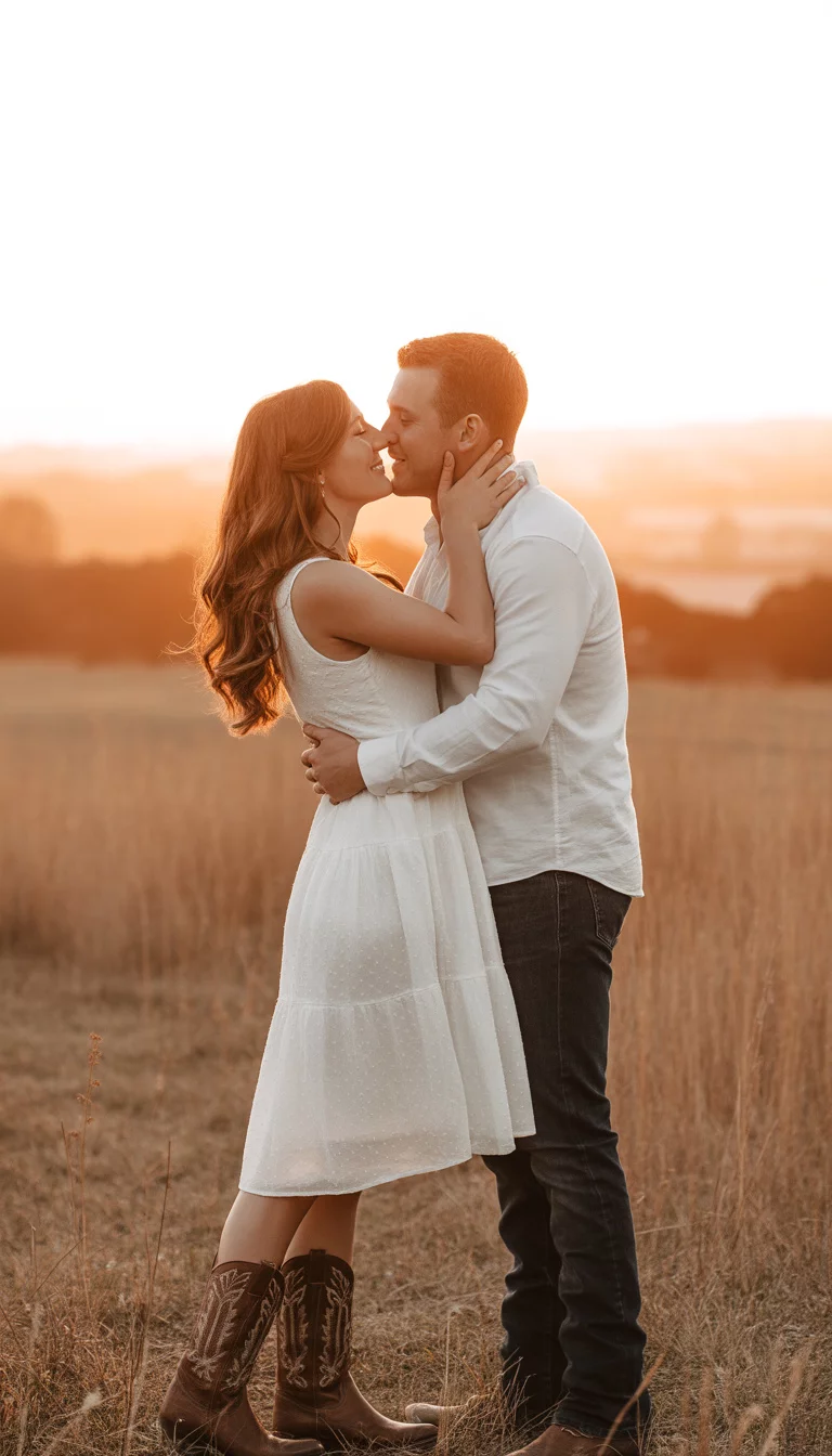 White Tiered Dress And Brown Cowboy Boots A beautiful 27-year-old woman in a white tiered dress and brown leather cowboy boots, she kisses a man in a sun-drenched field of tall dry grass during a romantic sunset.
