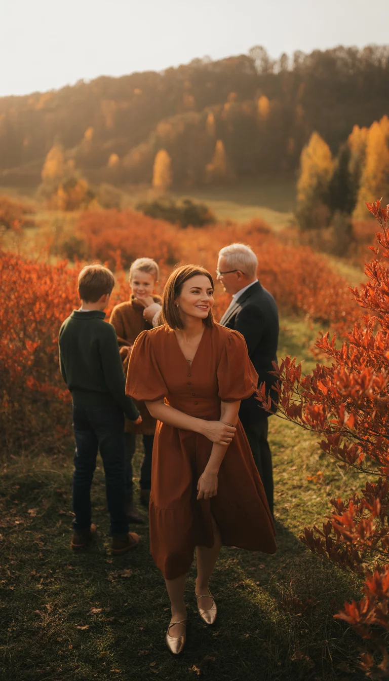 Rust Puffed Sleeve Dress And Ballet Flats A beautiful 32-year-old woman in a rust-colored dress with puffed sleeves and gold ballet flats, she poses with her family in a sprawling field filled with vibrant autumn foliage during the golden hour light.