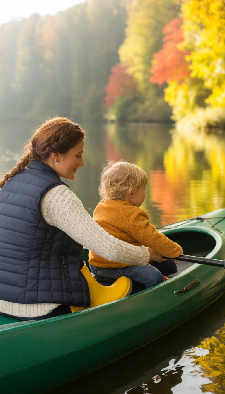 Lifestyle Adventure Wear A beautiful 37-year-old woman in a navy quilted vest and yellow rain boots, she sits in a kayak with a child on a calm lake surrounded by orange autumn trees.