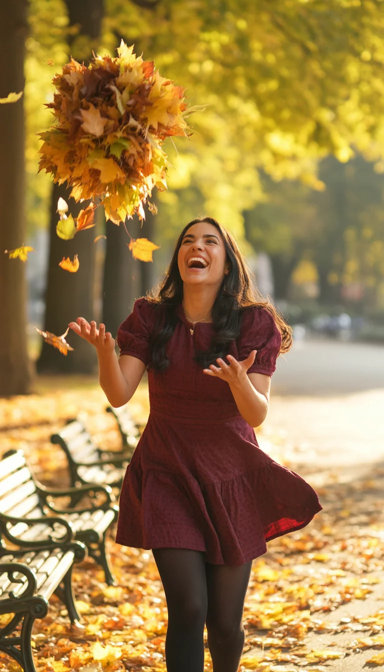 Maroon Puffed Sleeve Mini Dress A beautiful 24-year-old woman in a short maroon dress with puffed sleeves and black tights, she joyfully throws colorful autumn leaves in the air in a lush city park.