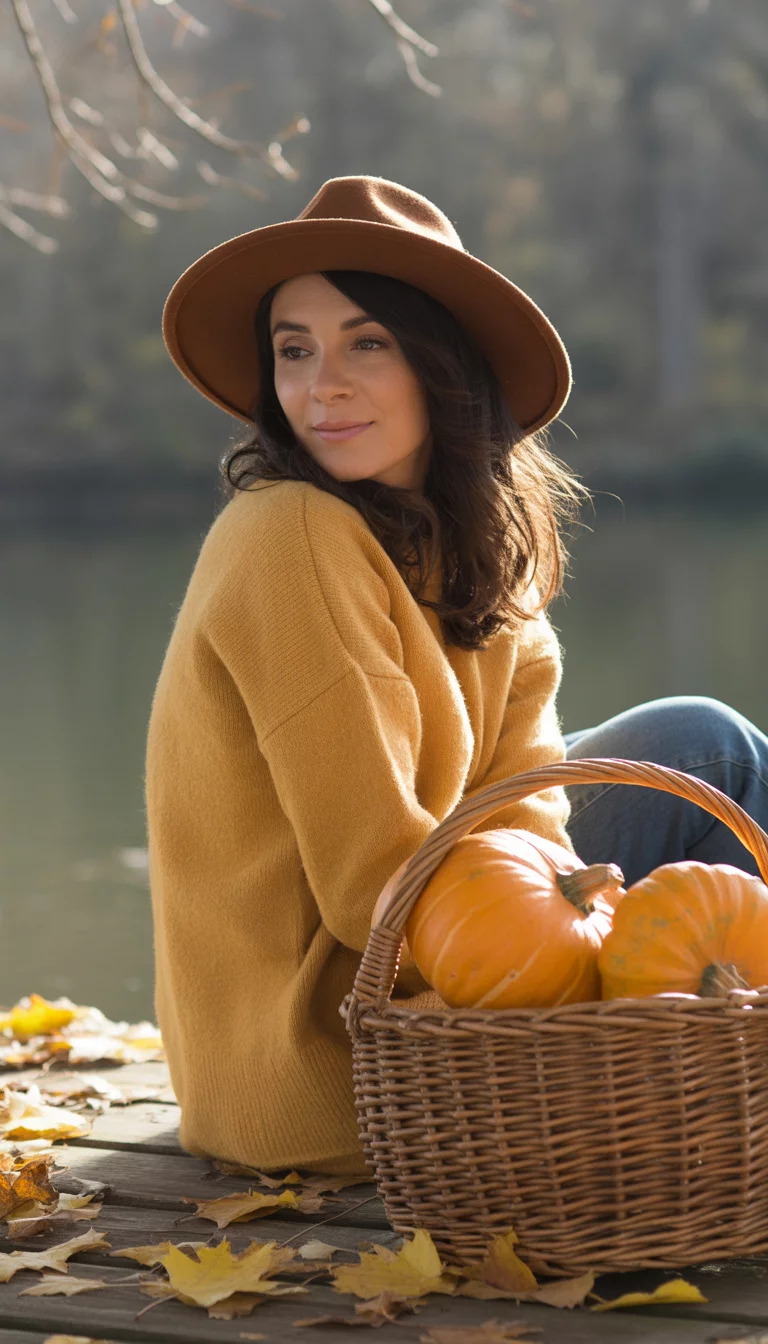 Mustard Sweater And Brown Felt Hat A beautiful 30-year-old woman in a mustard yellow sweater and a wide-brimmed brown felt hat, she sits on a wooden dock covered in leaves next to a basket of pumpkins.