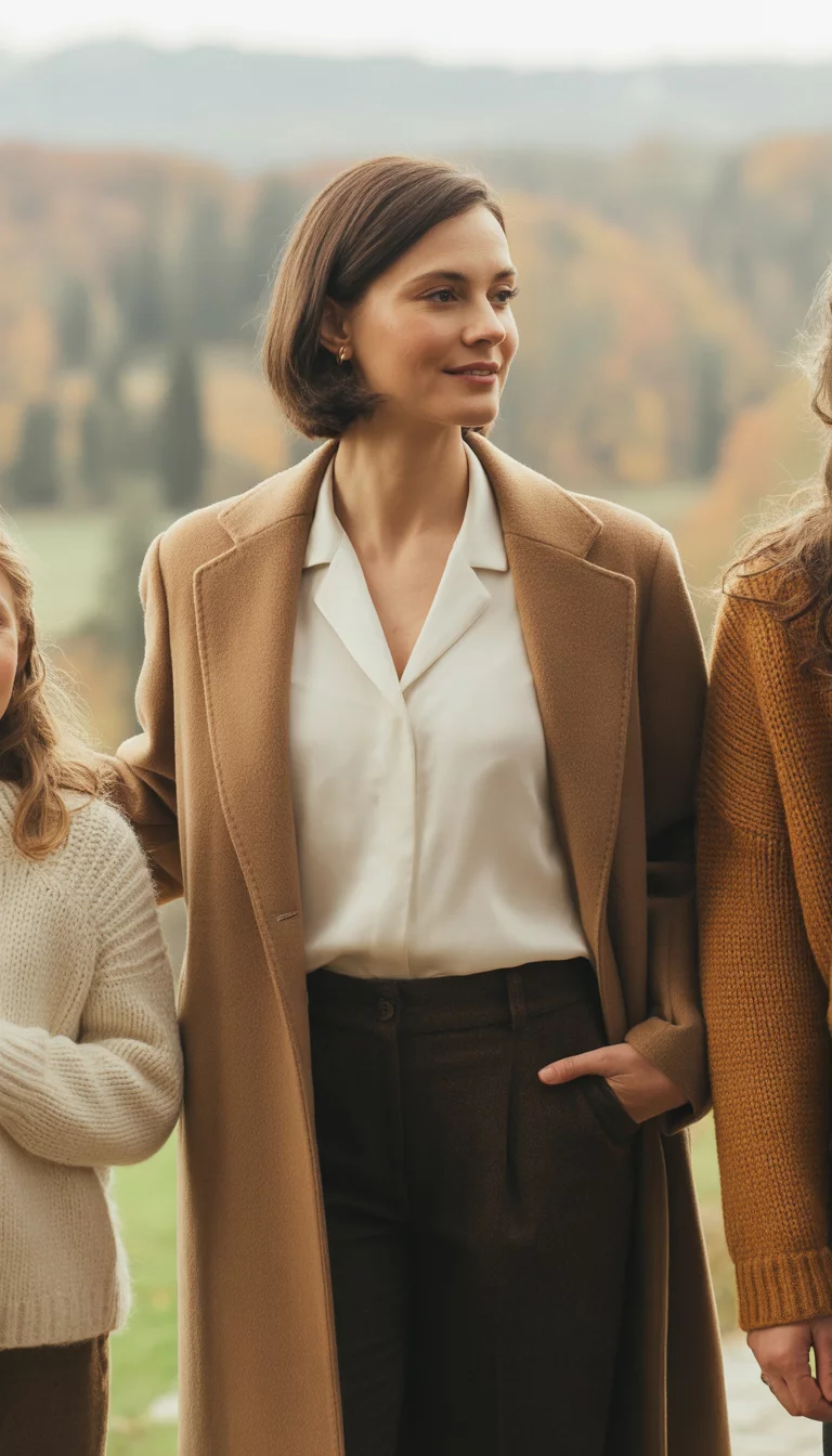 Coordinated Family Layers And Textures A beautiful 35-year-old woman in a tan wool coat, white silk blouse, and dark brown trousers, she stands in a collage of fall settings featuring family members in coordinated autumnal knitwear and earthy tones.