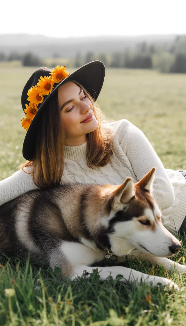 Cozy Knits And Floral Hats A beautiful 26-year-old woman in a cream cable-knit sweater and a black wide-brimmed hat decorated with orange flowers, she lies in the grass next to a husky dog.