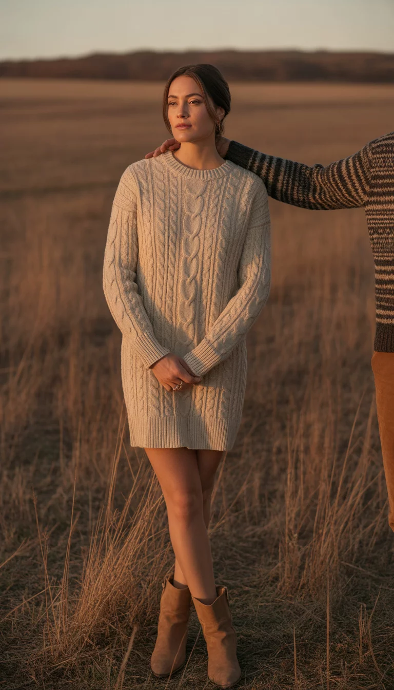 Cable Knit Dress And Suede Boots A beautiful 29-year-old woman in a beige cable-knit mini dress and tan suede boots, she stands with a man in a patterned sweater in a vast field of dry grasses at dusk.