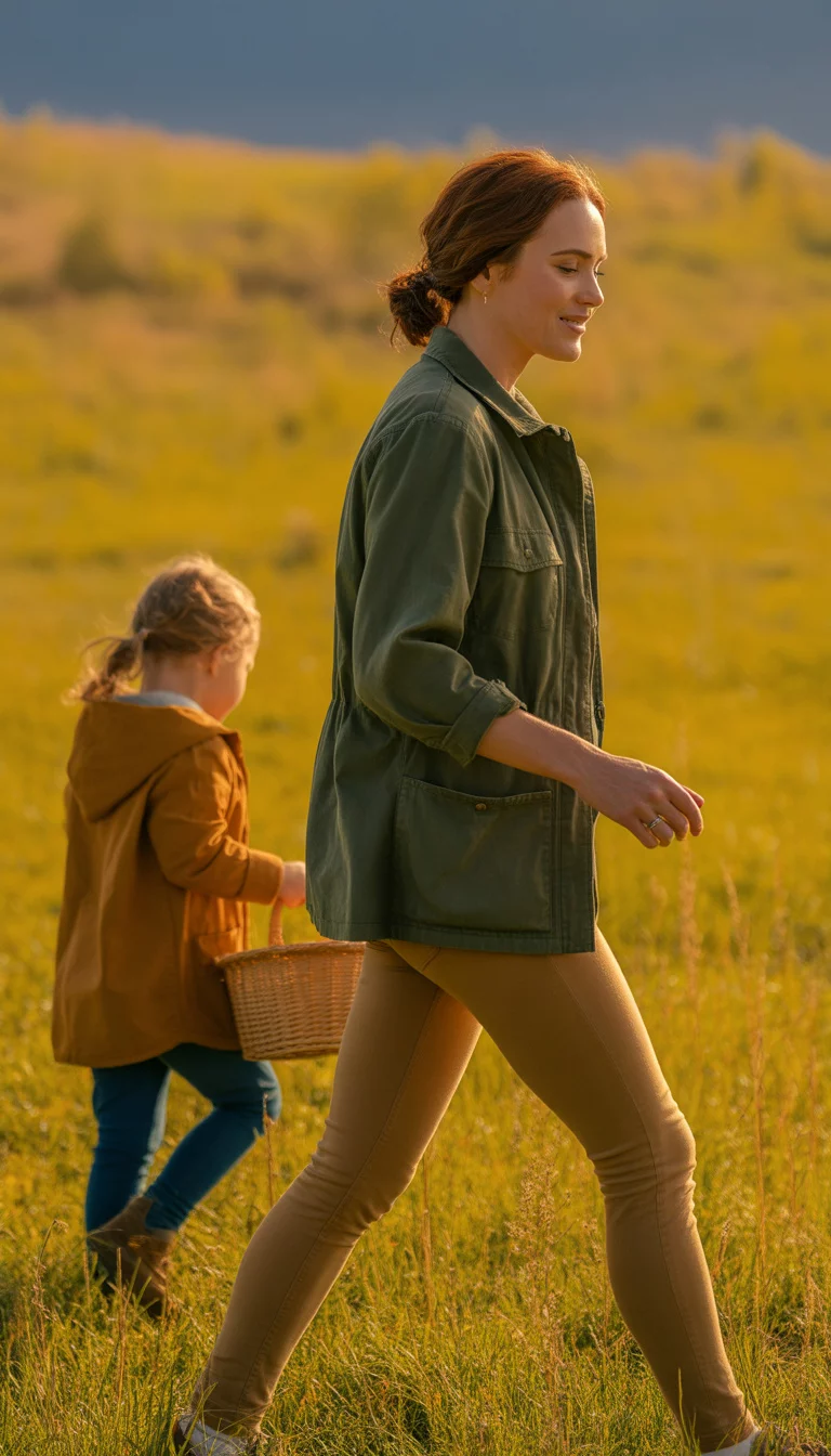 Olive Utility Jacket And Tan Leggings A beautiful 33-year-old woman in an olive green utility jacket and tan leggings, she walks through a golden field behind a child in a mustard yellow jacket during a bright autumn day.