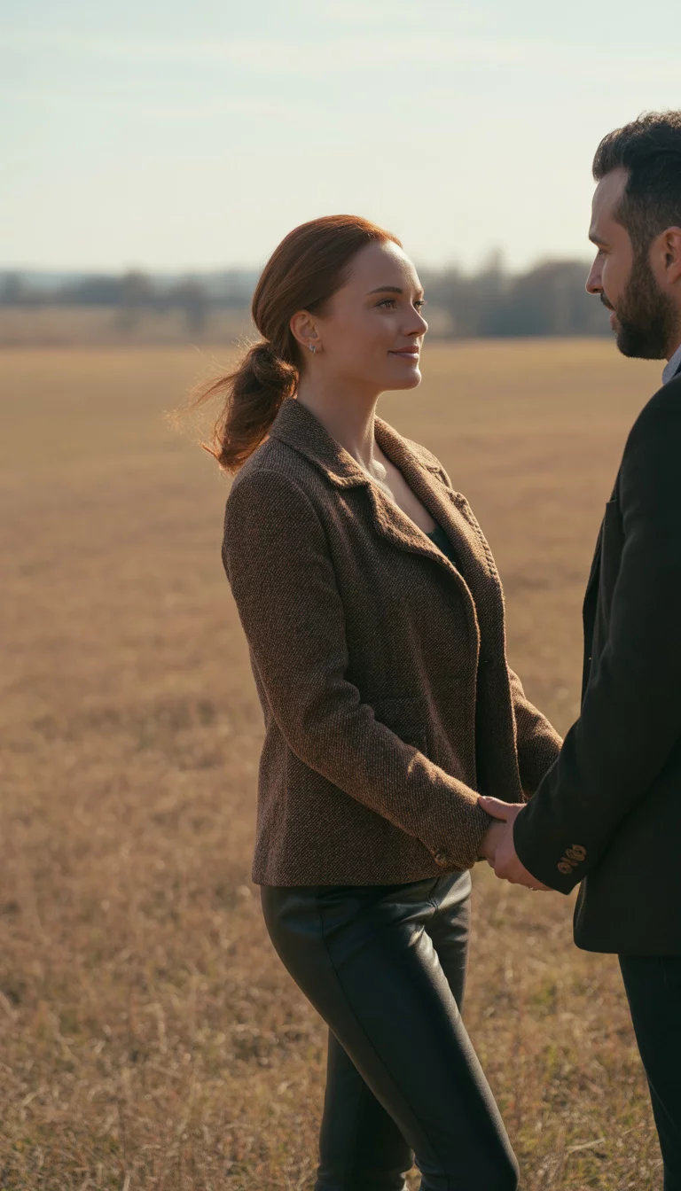 Tweed Jacket And Black Leggings A beautiful 36-year-old woman in a brown tweed jacket and black leggings, she poses with a partner in a field of dry golden grass during a crisp autumn afternoon.