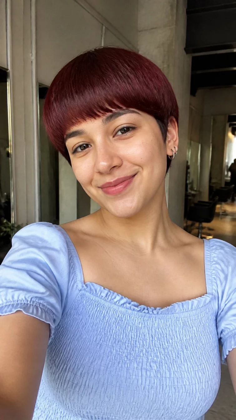 selfie of a 25-year-old Middle Eastern woman with a round face, dark brown, straight nose, thick natural eyebrows, and heart-shaped lips. Her face features slightly crooked smile, a few laugh lines, and subtle natural facial asymmetry. She has monolid brown eyes, high cheekbones, subtle smile, cheerful. She is petite and is wearing a baby blue smocked blouse with cranberry red bowl cut pixie hair, soft window light, hair salon