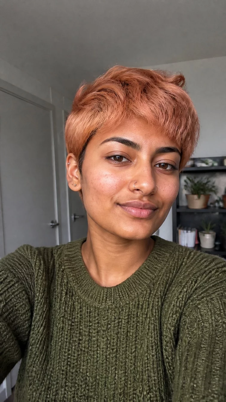 selfie of a 26-year-old South Asian woman with a square face, tan, rounded nose, straight eyebrows, and thin lips. Her face features faint freckles across the nose, subtle acne marks, and subtle natural facial asymmetry. She has hooded amber eyes, pronounced cheekbones, subtle smile, confident. She is average and is wearing a olive green chunky knit sweater with pumpkin spice peach long pixie hair, overcast daylight, indoor