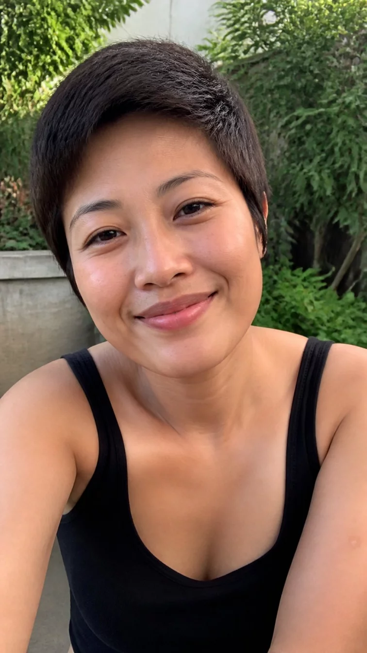 selfie of a 35-year-old Southeast Asian woman with a pear-shaped face, light, straight nose, softly curved eyebrows, and full lips. Her face features uneven eyebrows, light freckles, and subtle natural facial asymmetry. She has monolid dark brown eyes, rounded cheeks, broad smile, playful. She is slim and is wearing a black tank top with deep espresso mono short pixie hair, warm indoor lighting, outdoor
